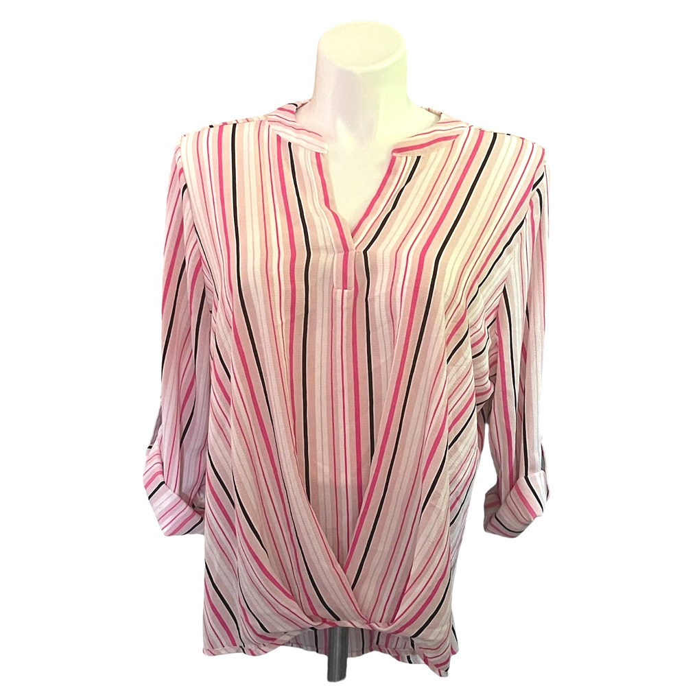 Lynn Ryan Womens Blouse Striped Popover 3X Pink White Black Convertible Sleeves